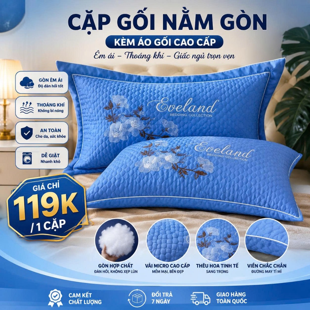 Bộ 2 Gối Nằm Gòn kèm Vỏ Gối Satin Chần Bông Cao Cấp. Kích Thước Tiêu Chuẩn (40*60CM)