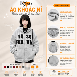 Áo Khoác Nỉ Boxy Dáng Lửng Chất Nỉ Dày Dặn Thêu Chữ, Nón To 2 Nút Bấm Form Rộng Basic Năng Động Chống Nắng  RUSY