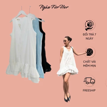 BIBU DRESS- Đầm Babydoll Linen Sát Nách Cổ Tim – Đầm Suông Xòe Nữ Dáng Rộng Bèo Tầng Ngâu For Her