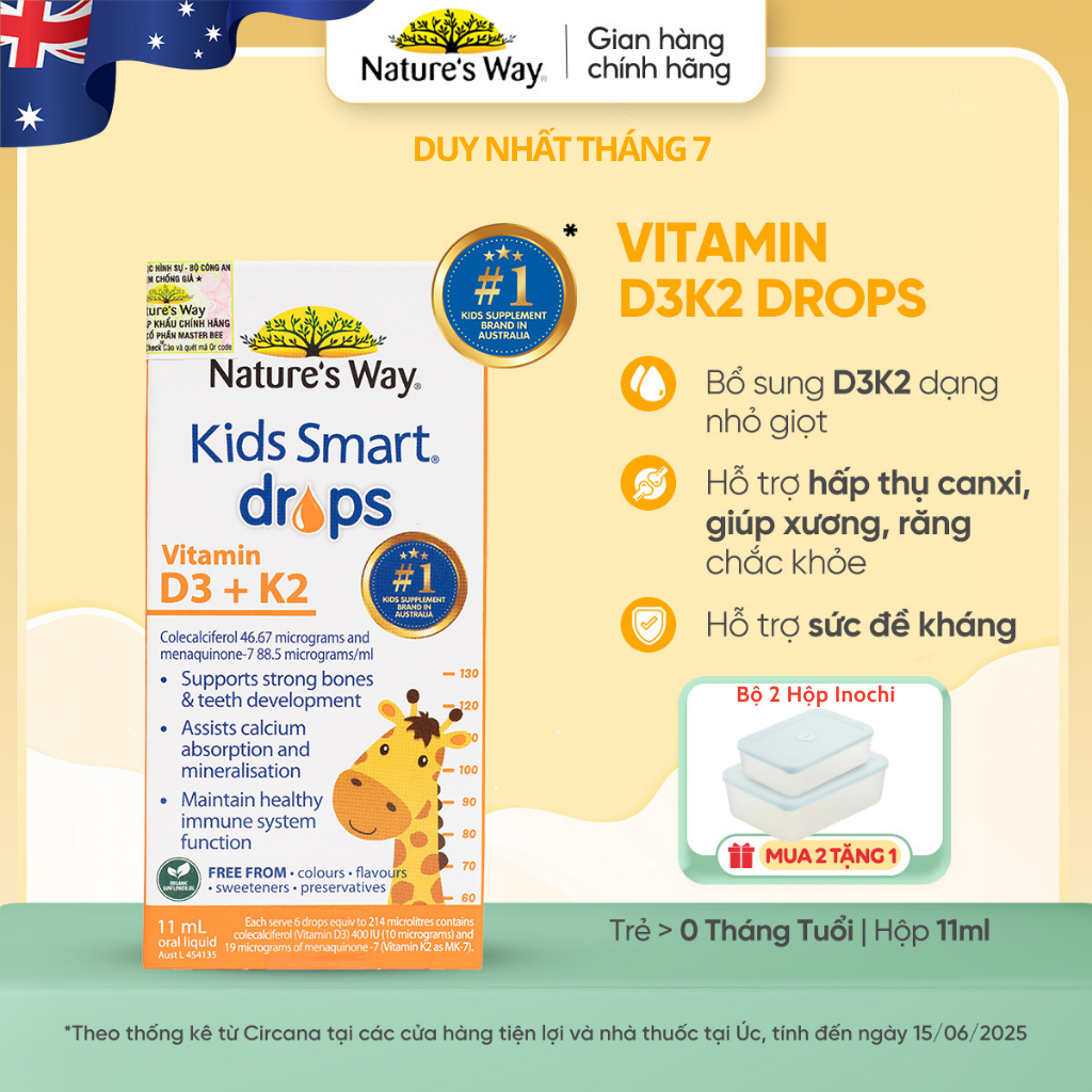 Vitamin D3K2 Nature's Way, Với Dầu Hoa Hướng Dương Organic, Giúp Bổ sung Vitamin D3, K2-MK7 Cho Trẻ Sơ Sinh Hộp 11ml