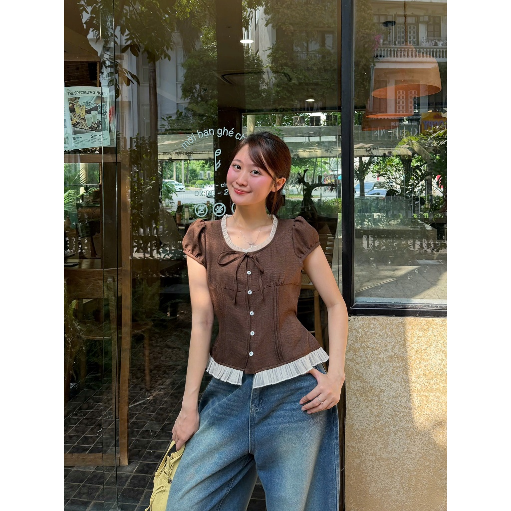 Áo Babydoll Hoa Nhí Phối Viền Tơ Bèo Cổ Nơ A927 Su Chang Thời Trang Nữ | BigBuy360 - bigbuy360.vn