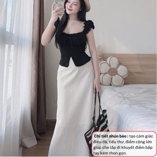 Set đồ nữ đi chơi áo kiểu cổ vuông tay bồng mix chân váy maxi chấm bi dáng dài vintage tôn dáng HCOM27096