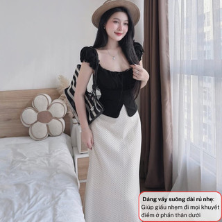 Set đồ nữ đi chơi áo kiểu cổ vuông tay bồng mix chân váy maxi chấm bi dáng dài vintage tôn dáng HCOM27096