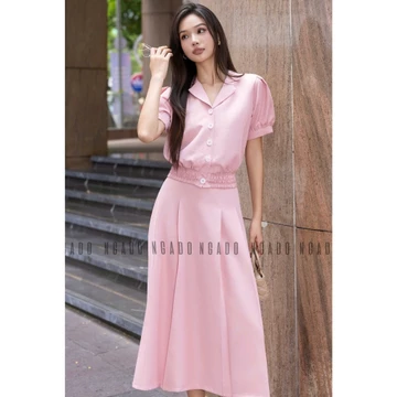 Set áo hồng tay phồng váy xếp ly NGADO , set áo váy dài , set công sở