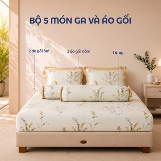 [LỤA TENCEL MÁT LẠNH] Bộ 5 món ga giường và áo gối NIN Tencel Pristine nhiều màu 1m6, 1m8, 2m