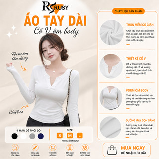 Áo Kiểu Thun Tay Dài Cổ Trụ Trơn Basic Dáng Dài Ôm Body, Áo Thun Nữ Tay Dài Cổ V Kiểu Sexy TD09 Rusy