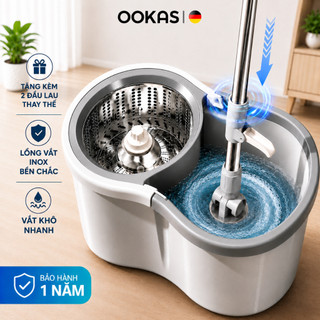 OOKAS Bộ Chổi lau nhà tự vắt thông minh xoay 360 độ- Bộ lau nhà cao cấp cây inox