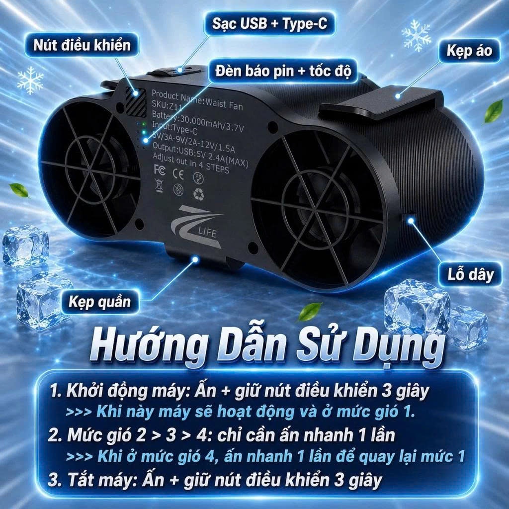 Quạt Đeo Thắt Lưng Điều Hoà Chính Hãng Zlife Z11 30.000mAh, 2 Luồng Gió Mạnh, Đeo Cổ, Cầm Tay