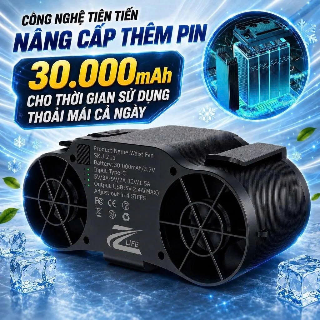 Quạt Đeo Thắt Lưng Điều Hoà Chính Hãng Zlife Z11 30.000mAh, 2 Luồng Gió Mạnh, Đeo Cổ, Cầm Tay