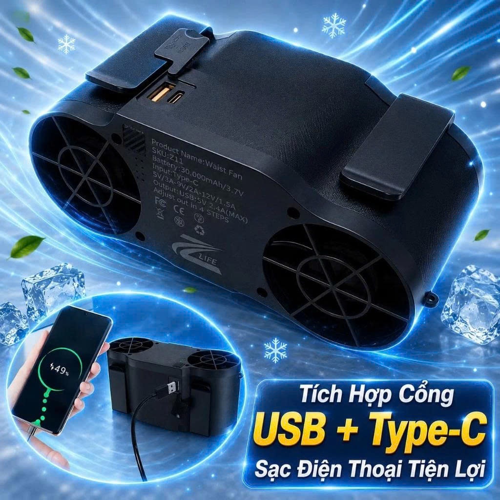 Quạt Đeo Thắt Lưng Điều Hoà Chính Hãng Zlife Z11 30.000mAh, 2 Luồng Gió Mạnh, Đeo Cổ, Cầm Tay