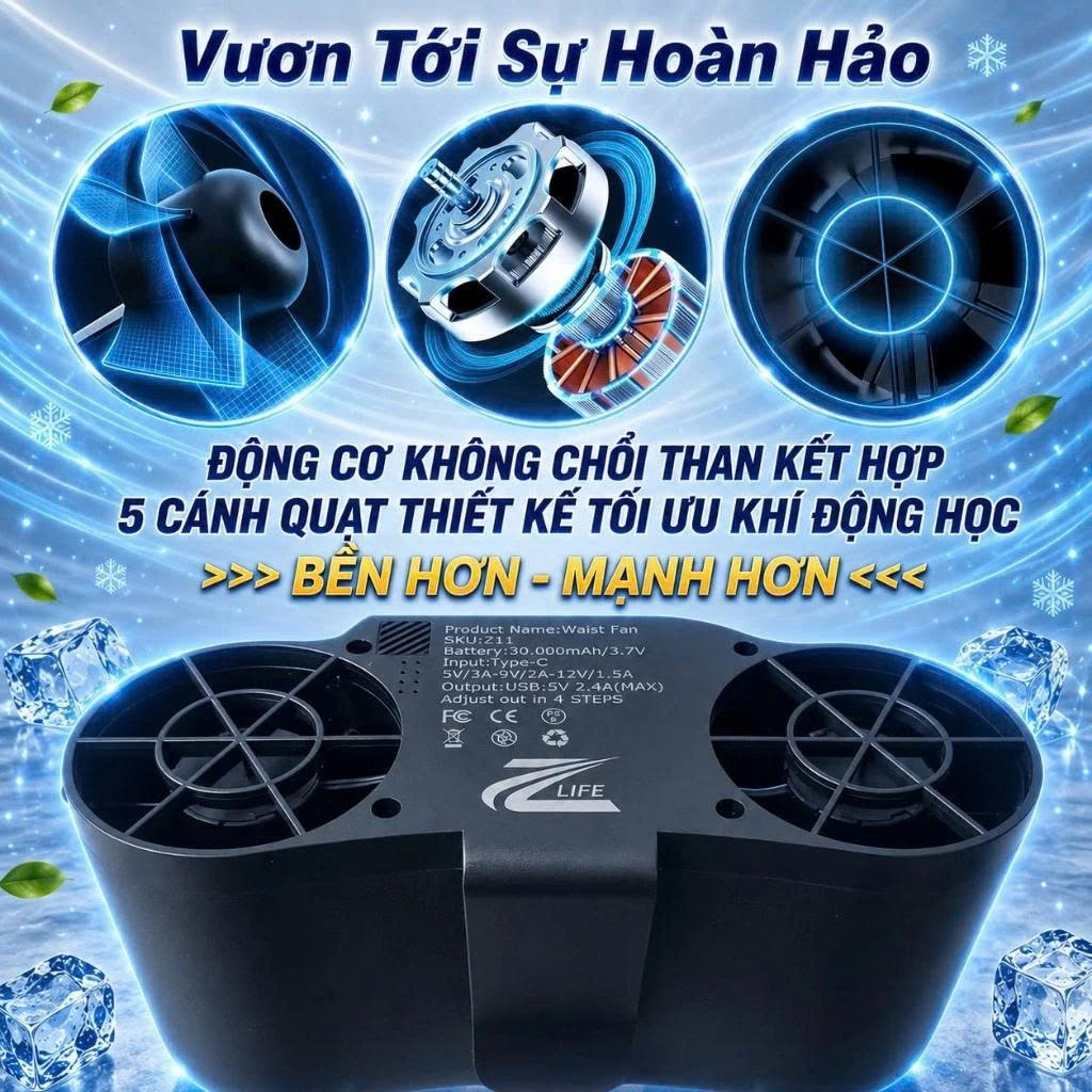 Quạt Đeo Thắt Lưng Điều Hoà Chính Hãng Zlife Z11 30.000mAh, 2 Luồng Gió Mạnh, Đeo Cổ, Cầm Tay
