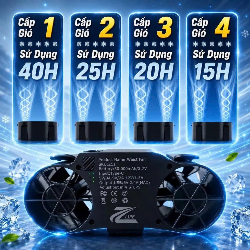 Quạt Đeo Thắt Lưng Điều Hoà Chính Hãng Zlife Z11 30.000mAh, 2 Luồng Gió Mạnh, Đeo Cổ, Cầm Tay