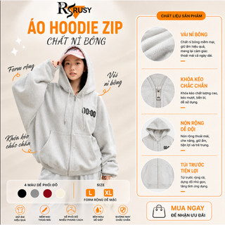 Áo Khoác Nỉ Boxy Chất Nỉ Bông Dày Dặn Nón To Form Rộng Tay Chống Nắng Bo Lưng Chun Thoải Mái Thêu 00:00 RUSY AK05