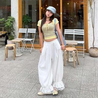 (HAVANA) Quần đũi cotton phối cách điệu ren nhún chun gấu QTH25