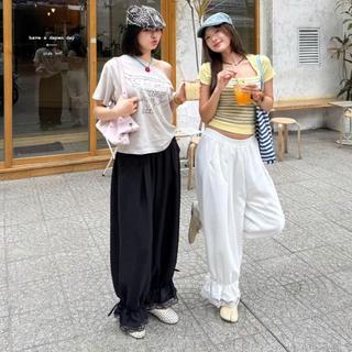 (HAVANA) Quần đũi cotton phối cách điệu ren nhún chun gấu QTH25