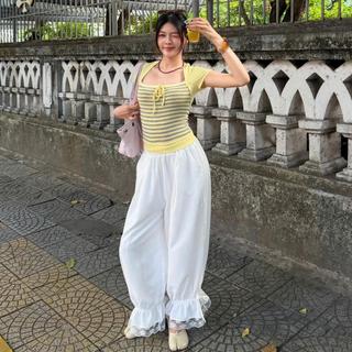 (HAVANA) Quần đũi cotton phối cách điệu ren nhún chun gấu QTH25