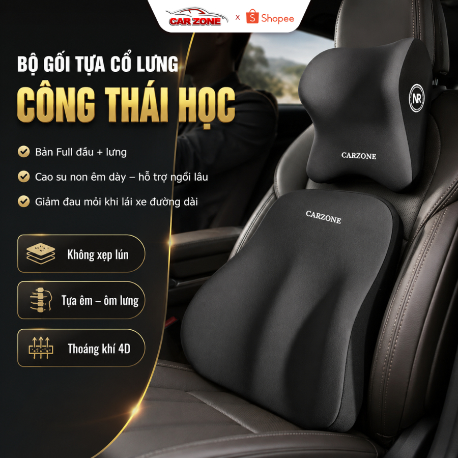 [BẢN FULL V2] Gối Tựa Lưng Cổ Ô Tô CARZONE Cao Su Non Công Thái Học Chuyên Dụng Tài Xế Đường Dài Giảm Đau Mỏi