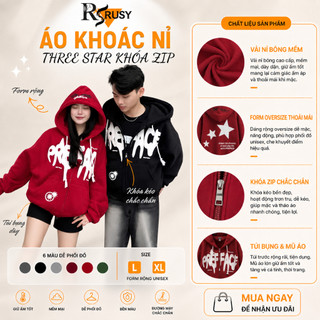 Áo Khoác Hoodie Zip Nỉ Boxy Three Strars Khoá Kéo Zip 2 Chiều, Áo Hoodie In Chữ Nổi Form Rộng Nón 2 Lớp AK01 Rusy