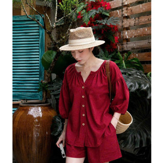 SET Bộ Áo Sơ Mi Tay Phồng Kèm Quần Ngắn Trẻ Trung, Chất Vải Mát, Có Bigsize Cho Chị Em NAM LEE SHOP