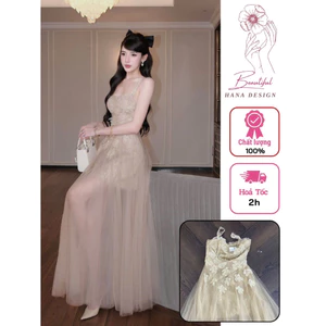 Đầm Maxi Ren Hoa Lưới Xòe Tùng Chuẩn CHOUCHOU Dự Tiệc Kiểu Dáng Sang Trọng, Nền Nã