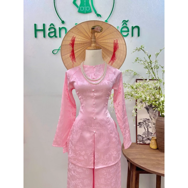 Hân Nguyễn Áo Bà Ba - B.A214 – Áo Bà Ba Gấm Dệt Phong Cảnh Thanh Nhã Cổ Tròn Nút Ngọc Trai Tay Dài (QUẦN GẤM LƯNG THUN)