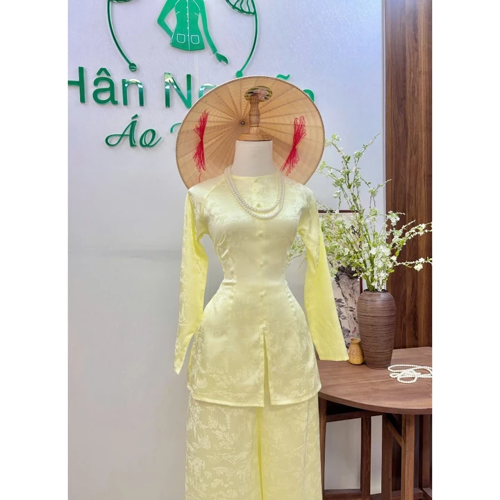 Hân Nguyễn Áo Bà Ba - B.A214 – Áo Bà Ba Gấm Dệt Phong Cảnh Thanh Nhã Cổ Tròn Nút Ngọc Trai Tay Dài (QUẦN GẤM LƯNG THUN)