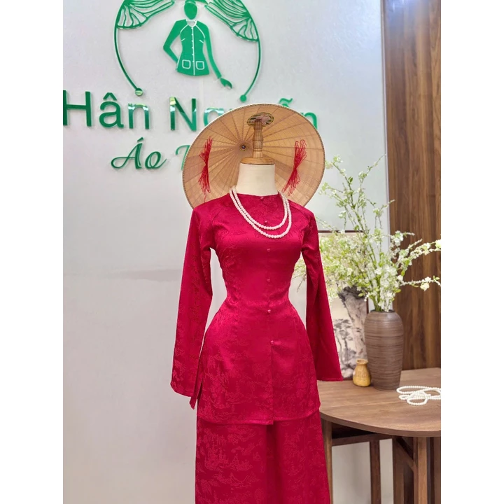Hân Nguyễn Áo Bà Ba - B.A214 – Áo Bà Ba Gấm Dệt Phong Cảnh Thanh Nhã Cổ Tròn Nút Ngọc Trai Tay Dài (QUẦN GẤM LƯNG THUN)