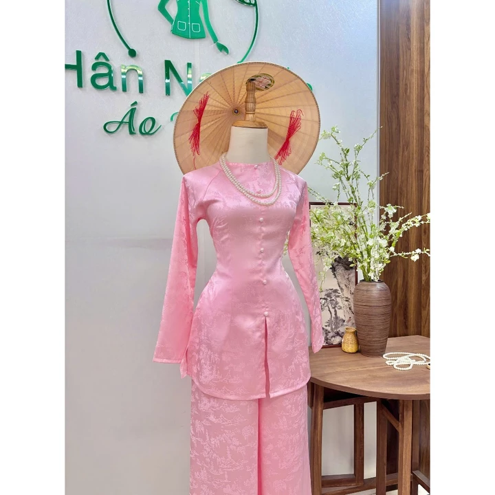 Hân Nguyễn Áo Bà Ba - B.A214 – Áo Bà Ba Gấm Dệt Phong Cảnh Thanh Nhã Cổ Tròn Nút Ngọc Trai Tay Dài (QUẦN GẤM LƯNG THUN)