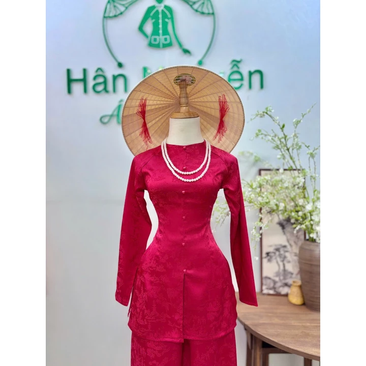 Hân Nguyễn Áo Bà Ba - B.A214 – Áo Bà Ba Gấm Dệt Phong Cảnh Thanh Nhã Cổ Tròn Nút Ngọc Trai Tay Dài (QUẦN GẤM LƯNG THUN)