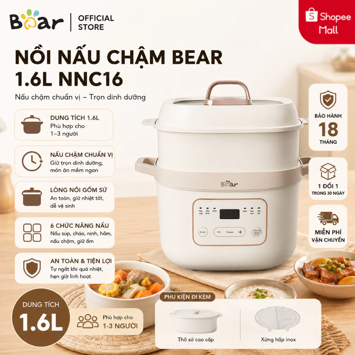 [Mua 1 tặng 2] Nồi Nấu Cháo Chậm Bear 1.6L SB-NNC16 [Bản Tiếng Việt]- Nồi Bear đa năng, Nồi nấu chậm, Hấp, Cách