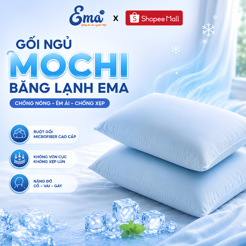 Gối ngủ Mochi băng lạnh EMA vỏ băng lạnh cao cấp, ruột gối lông vũ nhân tạo Microfiber siêu êm
