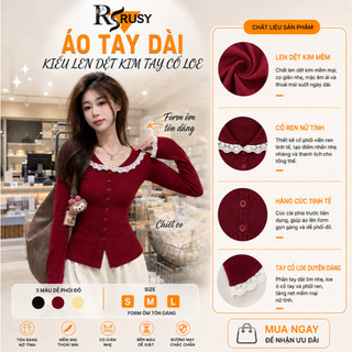 Áo Len Dệt Kim Len Phong Cách Mùa Thu Dành Cho Nữ, Áo Dài Tay Phối Ren Dễ Phối Cổ Búp Bê RUSY