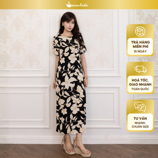SWANLAKE | Váy Đầm Nữ Maxi Suông Vải Linen In Hoa Hè Cổ Thuyền Tay Ngắn Xẻ Tà Có Túi Du Lịch D12689