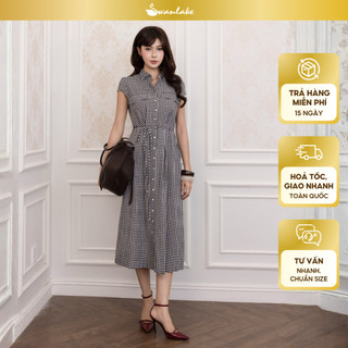 SWANLAKE | Váy Đầm Nữ Sơ Mi Caro Vải Linen Tay Ngắn Chiết Eo Buộc Dây Công Sở Dạo Phố D13800