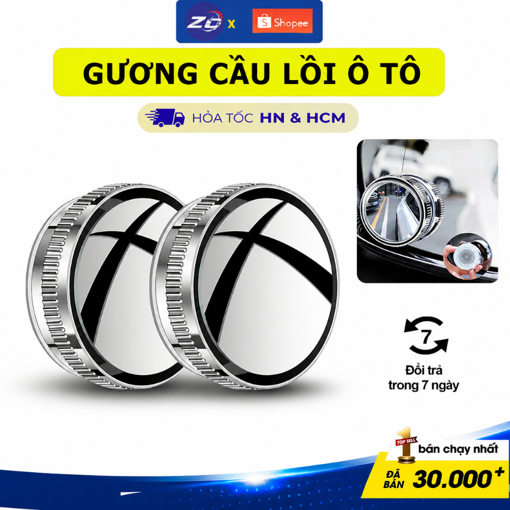 Bộ 2 gương cầu lồi ô tô 360 độ cao cấp, gương chiếu hậu xe hơi , kính lồi gắn gương oto xóa điểm mù