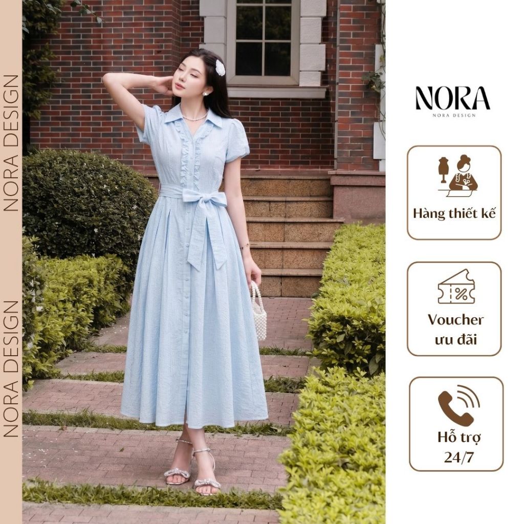 Váy Thô Kẻ Thanh Lịch NORA, Đầm Midi Công Sở Cổ Đức Phối Bèo Cột Dây Eo Dáng Xòe Nhẹ Nhàng T586