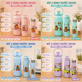 Set 3 Bình Nước Có Vạch Nhắc Nhỡ Giờ Uống 2000ML,1000ML,400ML