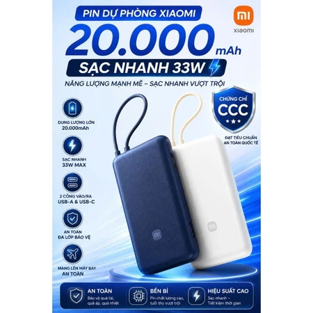 Pin dự phòng Xiaomi 20.000mAh sạc nhanh 33W, hàng cũ ko hộp, có chứng chỉ CCC