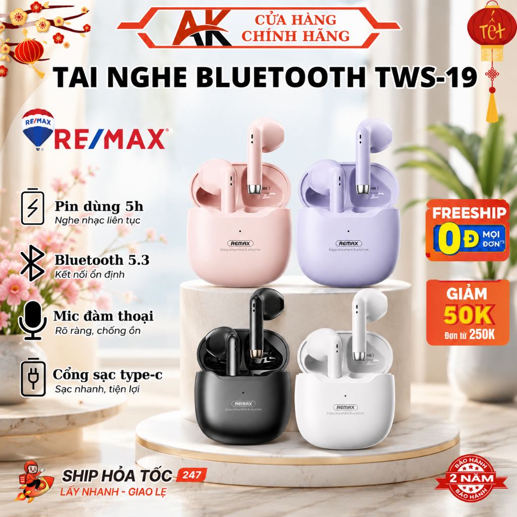 Tai Nghe Bluetooth TWS-19 Remax Có Mic Thoại, Cảm Ứng, Pin 5h, Bảo Hành 24 Tháng