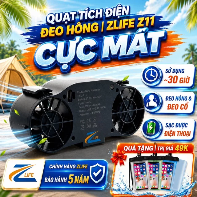 Quạt Đeo Hông Điều Hòa Đeo Hông ZLIFE Z09-Z11-Z15 Pro, Quạt Phản Lực Đeo Thắt Lưng Đeo Cổ Pin Trâu