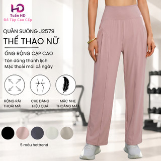 [J2579] Quần tập Gym, Yoga ống rộng form suông cạp cao tôn dáng, chất thun Poly cao cấp co giãn