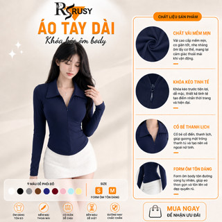 Áo Thun Nữ Cổ Bẻ Tay Dài Phối Dây Kéo Vạt Bầu Ôm Body Áo Thun Polo Cổ Trụ Thun Gân Mịn Mát Basic RUSY