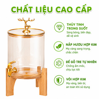 Bình Nước Thủy Tinh Hổ Phách Kèm Kệ Gỗ GD25 - Bình Đựng Nước Thủy Tinh Chịu Nhiệt Họa Tiết Con Hươu