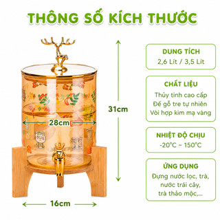 Bình Nước Thủy Tinh Hổ Phách Kèm Kệ Gỗ GD25 - Bình Đựng Nước Thủy Tinh Chịu Nhiệt Họa Tiết Con Hươu