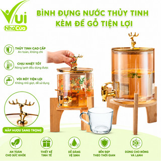 Bình Nước Thủy Tinh Hổ Phách Kèm Kệ Gỗ GD25 - Bình Đựng Nước Thủy Tinh Chịu Nhiệt Họa Tiết Con Hươu