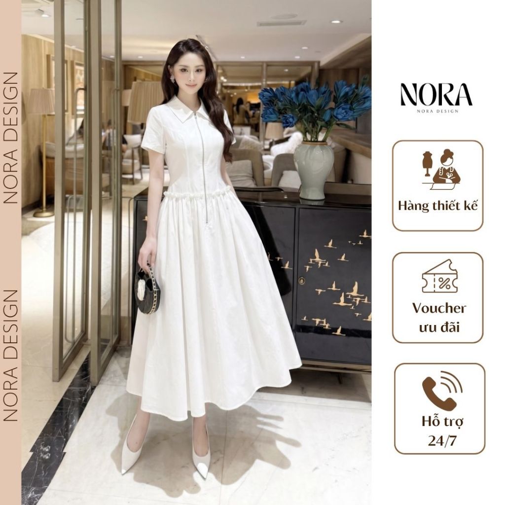 Váy Thô Công Sở Cao Cấp NORA, Đầm Midi Cổ Bẻ Khóa Kéo Trước Bo Chun Eo Dáng Xòe Tiểu Thư T584