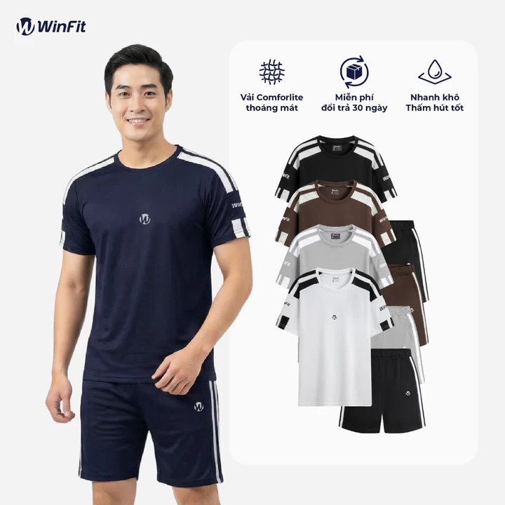 Bộ Quần Áo Nam WINFIT MotionLine Cổ Tròn Cộc Tay Phối Kẻ Viền Tay, Đồ Thể Thao Nam Form Dáng Basic WBN002