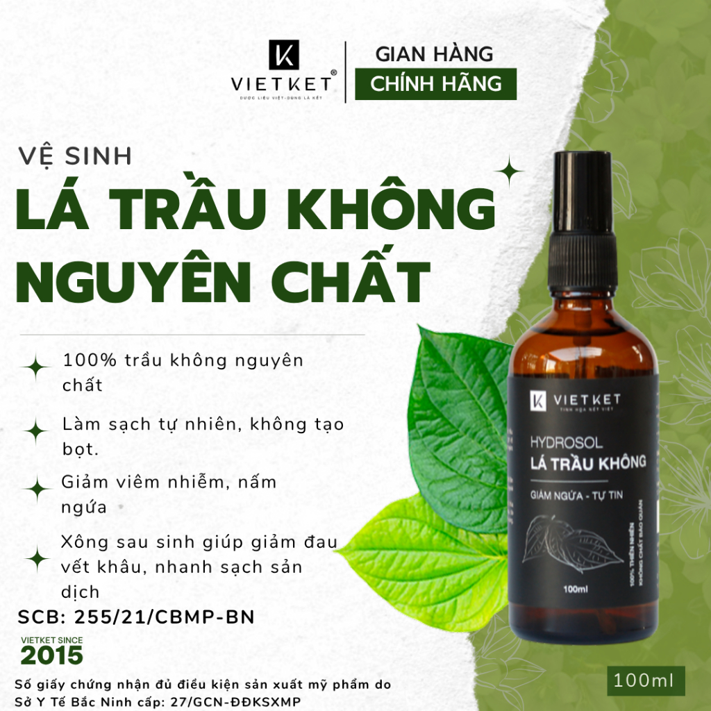 Dung Dịch Vệ Sinh Phụ Nữ Lá Trầu Không - KHÔNG BỌT VIETKET 100ml - Giảm Nấm Ngứa, Xông Sau Sinh, Nguyên Chất