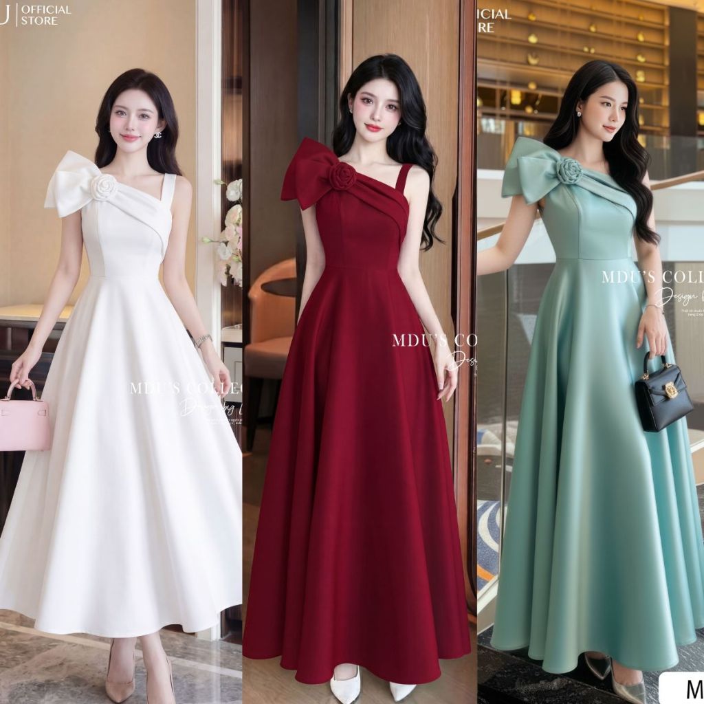 Váy Thiết Kế ADELA DESIGN Lụa Twist Satin Lệch Vai Hoa Nổi Dáng Dài BST MDU5709