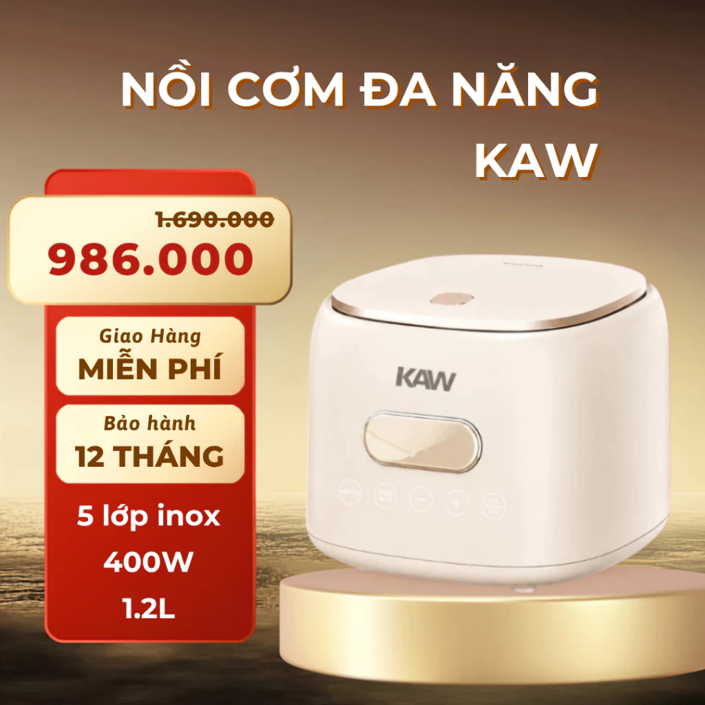 Nồi Cơm Điện Tử Cảm Ứng KAW 1,2L- 8 Chức Năng Nấu, Công Suất 400W, Ruột Nồi Inox 5 Lớp Chống Dính